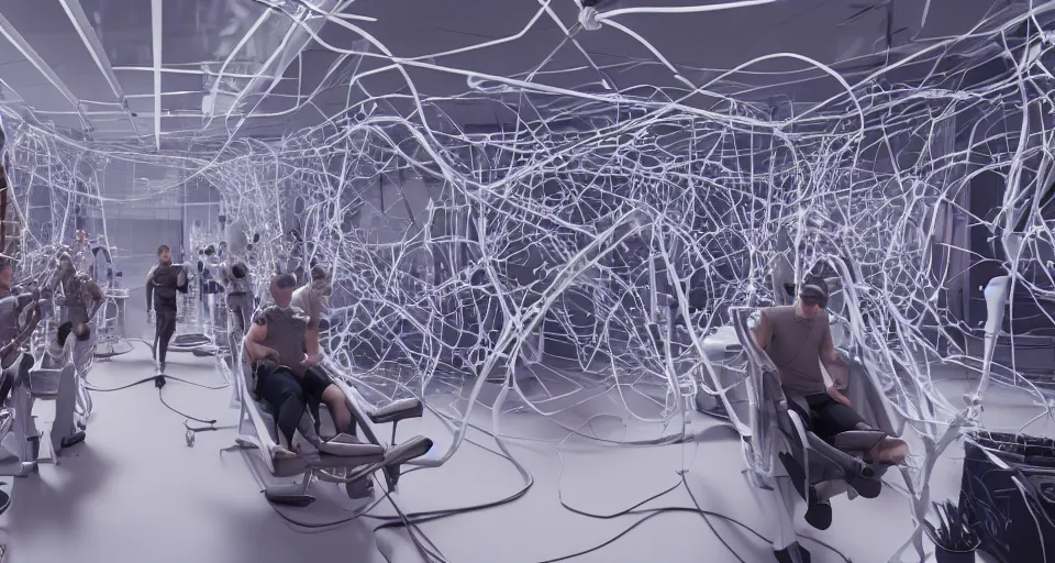 Image similar to a photo of hundreds of humans hooked up to wires in a multilevel biomechanical room, unreal engine, octane render,