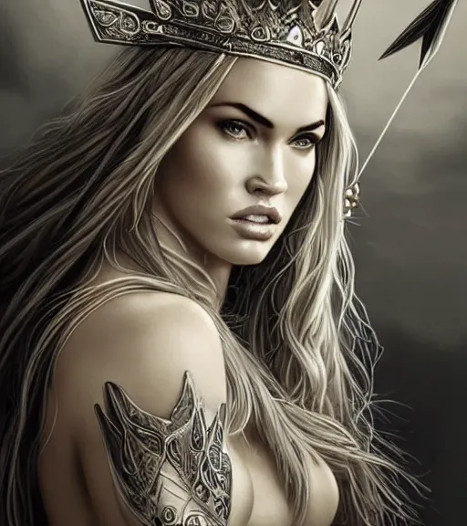 Image similar to portrait of megan fox as beautiful aphrodite goddess as an archer, arrow crown, beautiful piercing eyes, flowing blonde hair, realistic face, black and white drawing, in the style of greg rutkowski, fantasy, amazing detail, epic, intricate, elegant, smooth, sharp focus