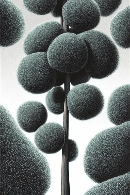 Image similar to an impossibly tall pompom tree with a slim trunk, viewed from below, ant perspective, digital illustration by chris van allsburg and artgerm, surreal, photorealistic