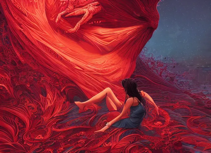 Image similar to woman loves and sit upon a scarlet coloured beast, pain, light effect, hyper detailed, intricate, elegant, highly detailed, digital painting, artstation, concept art, matte, sharp focus, illustration, by dan mumford, yusuke murata, makoto shinkai, ross tran