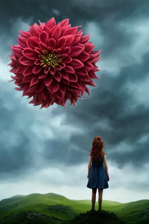 Image similar to closeup giant dahlia flower as head, girl standing on mountain, surreal photography, blue storm clouds, dramatic light, impressionist painting, digital painting, artstation, simon stalenhag