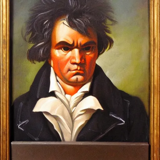 Prompt: beethoven playing an electric guitar. oil painting. weathered paper