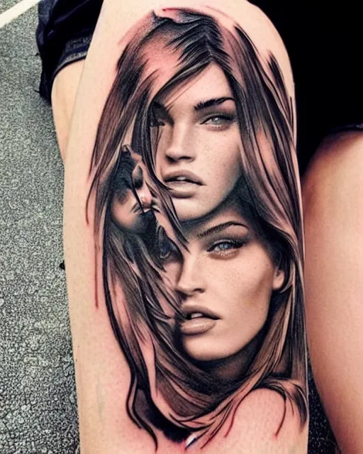 Image similar to creative double exposure effect tattoo design sketch of megan fox faded with beautiful mountain scenery, realism tattoo, in the style of matteo pasqualin, amazing detail, sharp