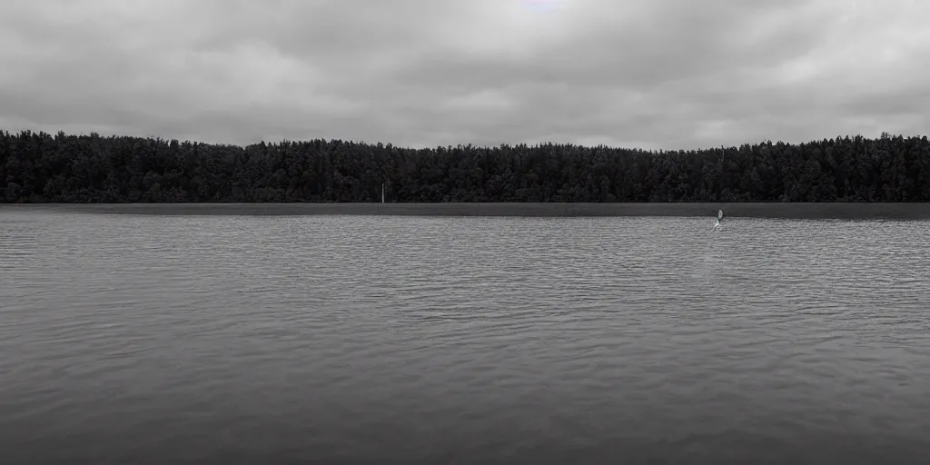 Image similar to infinitely long rope zig zagging across the surface of the water into the distance, floating submerged rope stretching out towards the center of the lake, a dark lake on a cloudy day, moody scene, trees in the background, hyper - detailed photograph, 4 k anamorphic lens