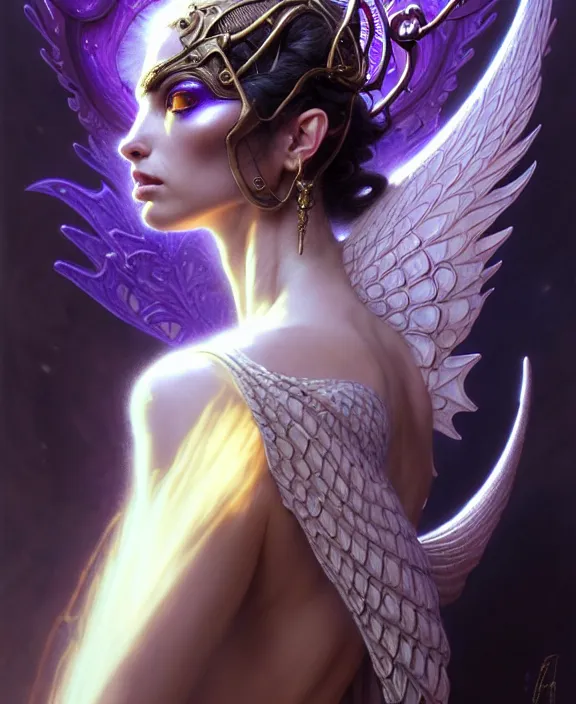 Image similar to beautiful fantasy character portrait, ana de armas, ultra realistic, wide angle, intricate details, the fifth element artifacts, tesseracts, highlights of purple, highly detailed by peter mohrbacher, hajime sorayama, wayne barlowe, boris vallejo, paolo eleuteri serpieri, dishonored 2, white gown, angel wings