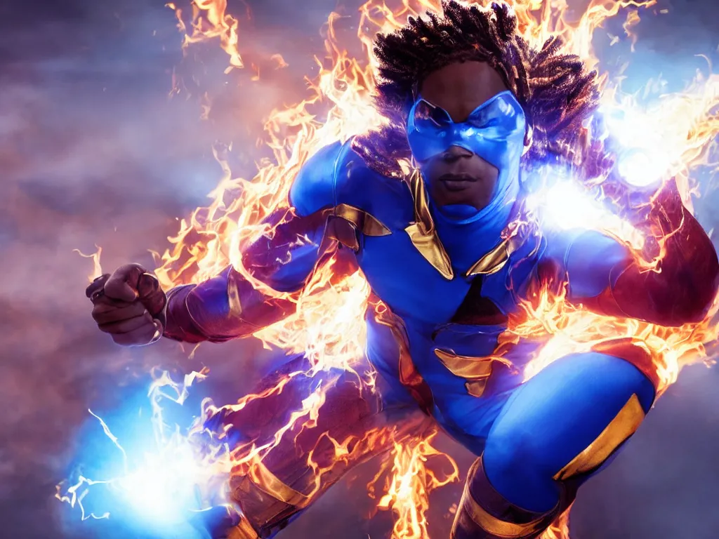 Image similar to a movie scene of a handsome African American Johnny Storm young male superhero of the fantastic four with flaming brown dreadlocks hair, blue uniform with the number 4 on the chest in a round logo, full body, photorealistic, cinematic, high detail, no imperfections, extremely symmetric facial features, hyper realistic, dramatic lighting, unreal engine, octane render, 8k by Kevin Feige