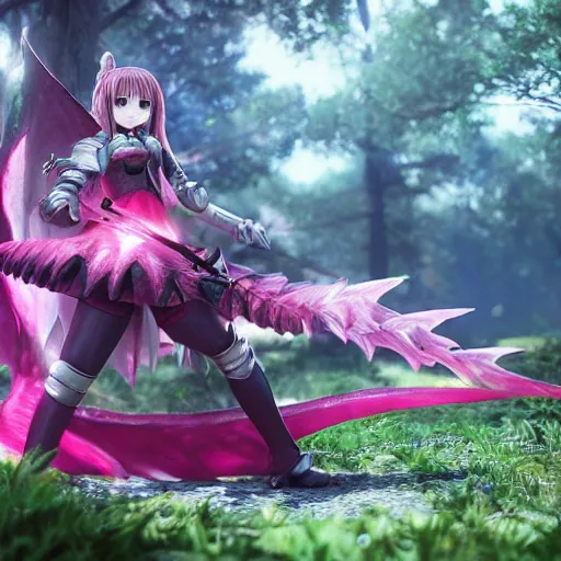 Prompt: a anime girl dressed in a pink knight armor fights a huge red dragon in the deep forest, smiling girl with a sword, highly detailed, intrusion fantasy, unreal engine