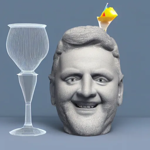 Image similar to a 3 d smiling model of a white marble human head holding a coctail, digital illustration, in the style of skeeva, 3 d render, above the waist