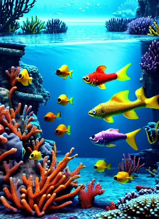 Image similar to hyperrealism, detailed textures, photorealistic 3 d render, an underwater scene with brightly coloured fish & coral, ultra realistic, ultra high pixel detail, cinematic, intricate, cinematic light, octane render, concept art, illustration, art station, unreal engine 8 k