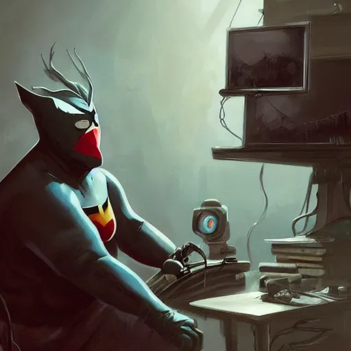 Image similar to a insanely detailed painting of a fat masked superhero wearing a costume sitting at a desk, staring at the nervously at the computer typing, in the style of peter mohrbacher, dramatic lighting and composition, trending on artstation, concept art, comic book