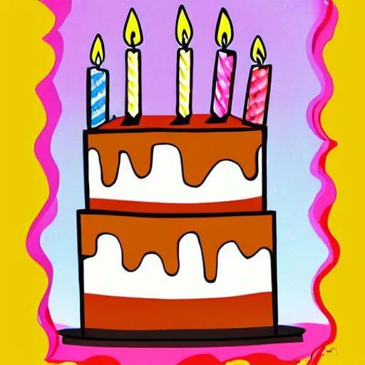 Prompt: birthday card, birthday cake with candles, cute illustration by basia tran