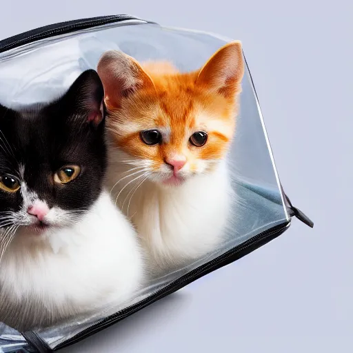 Image similar to a highly detailed photo of multiple furry cats inside a transparent bag, white background, studio lighting, 4 k, 8 k