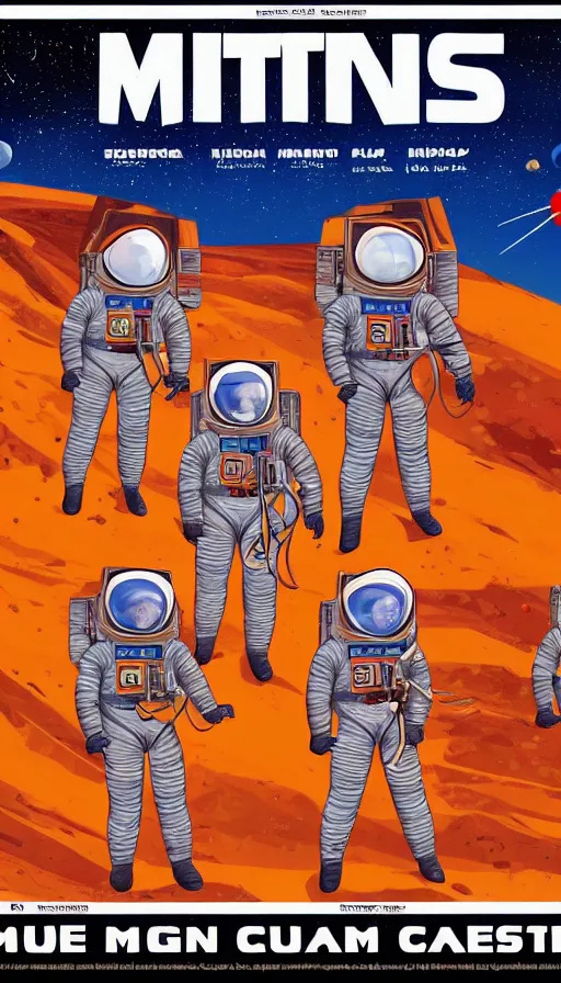 Image similar to movie poster of astronauts mining on mars, highly detailed, large text, bright colours, animated, cuban propaganda style