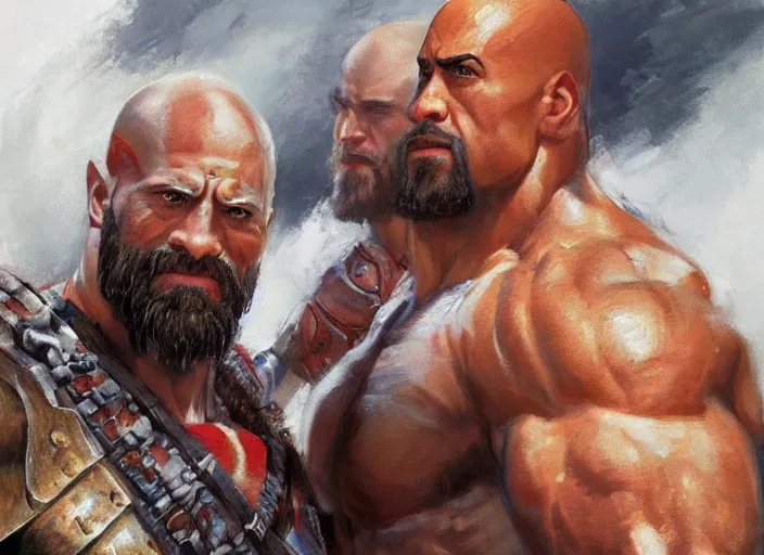 Prompt: a highly detailed beautiful portrait of dwayne johnson as kratos, by gregory manchess, james gurney, james jean