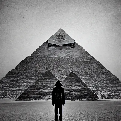 Prompt: Pyramid Head standing in front of The Great Pyramid of Giza, intricate, highly detailed, fullbody, artstation, dark fantasy, horror, Silent Hill game, concept art, smooth, sharp focus, illustration, art by greg rutkowski and orientalism and bouguereau and Zdzislaw Beksinski, good clear quality, lighting, biology, symmetrical artwork, perfect face, 135 mm, cinematic, hyper realism, high detail, octane render, 8k, chrome accents