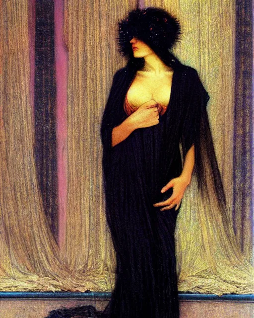 Prompt: a cautious woman, fully covered in drapes, melancholy, mysterious, dark, concept art, sharp focus, illustration, by delphin enjolras, by carlos schwabe, by gustave dore