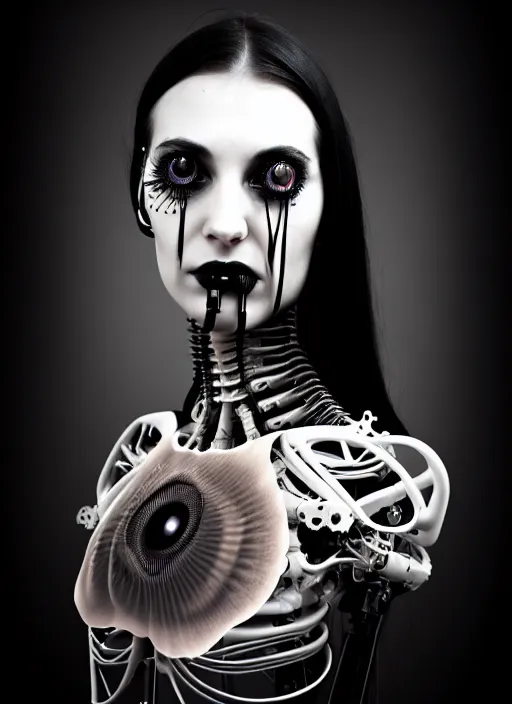 Image similar to black and white dreamy foggy gothic masterpiece profile face portrait, one steampunk eye biomechanical beautiful young female cyborg - robot, body ribs meshes, big monocular, volumetric light, hibiscus flowers, by hg giger, rim light, by dora maar, big gothic fashion pearl embroidered collar, 8 k