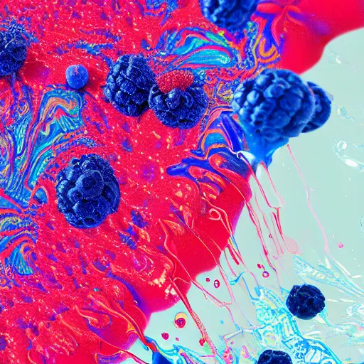 Image similar to raspberry, blueberry, vanilla smoothie explosion, intricate complexity, inverted neon red white and blue drip paint, psychedelic glitch art, trending on art station, photoreal, 8 k, octane render