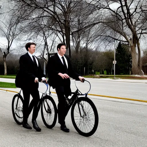 Image similar to two mormon missionaries, on bikes, with crow heads, black suits white shirts, crow heads, heads look like crows