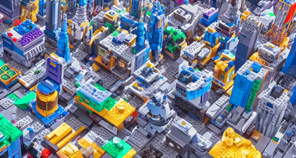 Image similar to sci - fi futuristic city made of lego bricks, pixar, disney 3 d, 8 k, octane render, still from lego movie