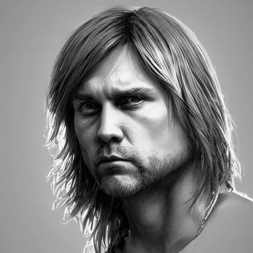 Image similar to Vladimir Putin as Kurk Cobain from Nirvana, portrait, highly detailed, digital painting, artstation, concept art, smooth, sharp focus, illustration, cinematic lighting, art by artgerm and greg rutkowski and alphonse mucha