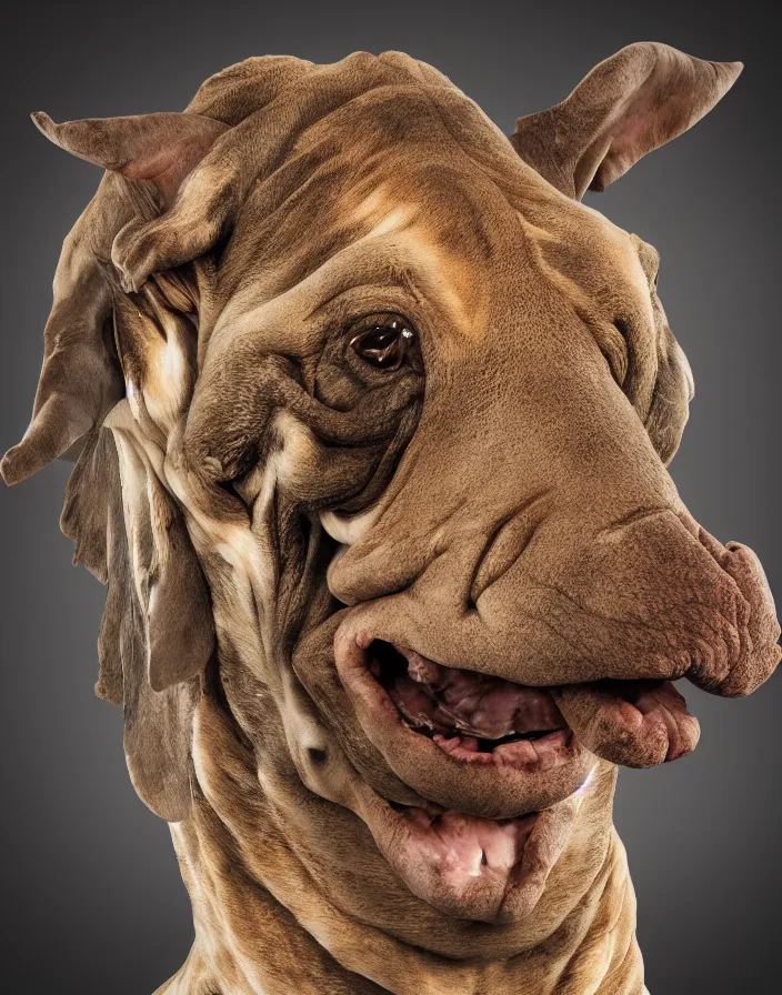 Image similar to high resolution photo portrait of muscular animal human merged head skin ears, background removed, scales skin dog, cat merged elephant head cow, chicken face morphed fish head, gills, horse head animal merge, morphing dog head, animal eyes, merging crocodile head, anthropomorphic creature