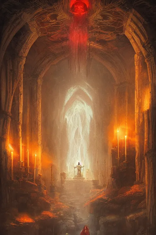Prompt: Detailed Interior of Monastery Ruins, Red Spirit Ghost Energy, light of god, light shafts, candles, stunning atmosphere, in Style of Peter Mohrbacher, cinematic lighting