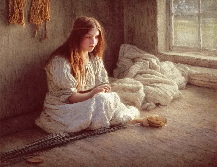 Prompt: peasant girl with long hair yarn knitting, cottage core, cinematic focus, polaroid photo bleached vintage pastel colors high - key lighting, soft lights, foggy, by steve hanks, by lisa yuskavage, by serov valentin, by tarkovsky, 8 k render, detailed, oil on canvas