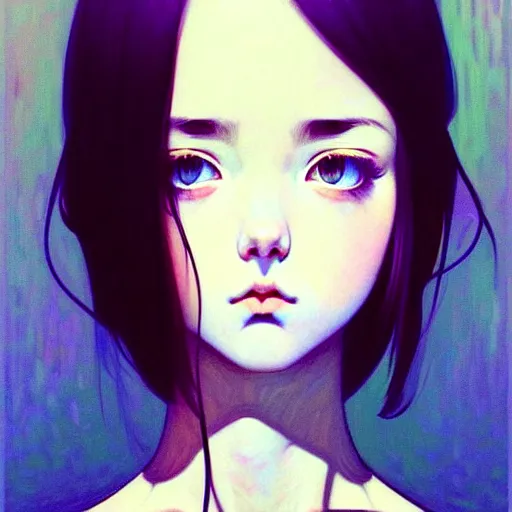 Image similar to a beautiful youth teenage depressed ocd psychotic loner girl in school struggling with morbid thoughts, angry eyes, soft skin, magnificent art by ilya kuvshinov, monet, range murata, artgerm, katsuhiro otomo, norman rockwell, highly detailed intricately sharp focus, bedroom eyes trending on pinterest vogue italia 3 5 mm, 4 k uhd image