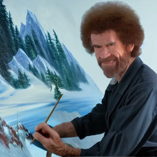 Image similar to a closeup photorealistic photograph of bob ross working on a canvas painting of darth vader. film still. brightly lit scene. mountains and trees. this 4 k hd image is trending on artstation, featured on behance, well - rendered, extra crisp, features intricate detail, epic composition and the style of unreal engine.