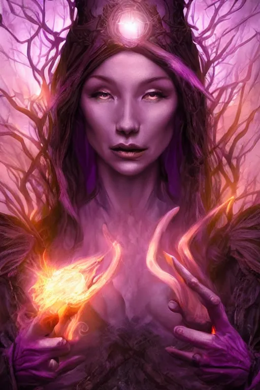 Prompt: a standing witch from D&D called Victoria conjuring a spell surrounded by violet rays and overlays, dark fantasy illustration, realistic, soft lighting, art by Artgerm and Peter tang,