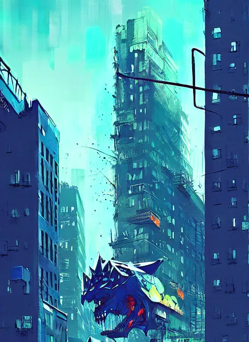 Prompt: kaiju in new york, blue building in the background, art by ismail inceoglu