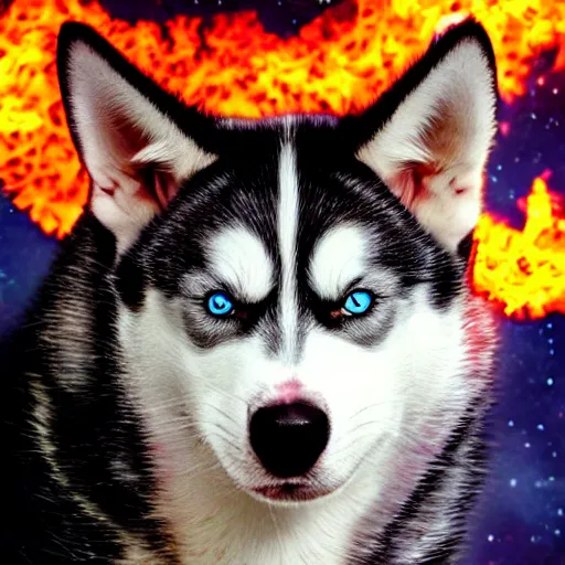 Prompt: Heterochromia Husky with scars holding an electro guitar with the background of a burning skull in space