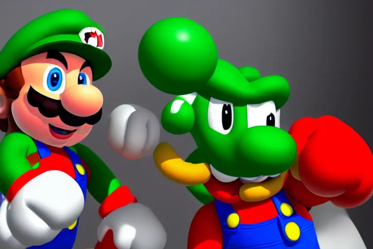 Image similar to a photo of mario punching yoshi in the face, photorealistic, 8 k