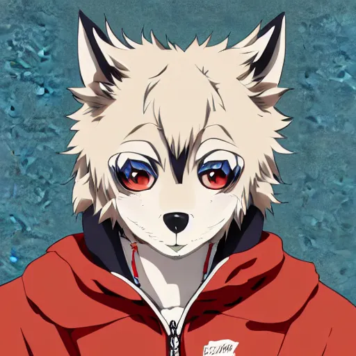 Image similar to key anime visual portrait of an anthropomorphic anthro wolf fursona, in a jacket, with handsome eyes, official anime art