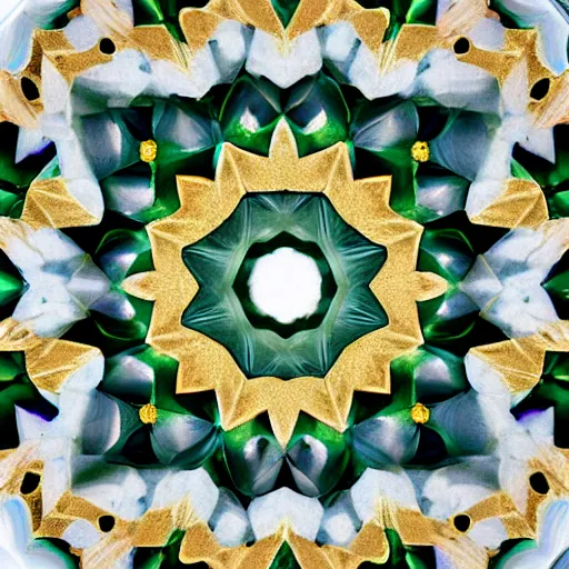 Image similar to three dimensional multilayered patterns inside a hexagonal shape, intricate detail, complex, jade, gold, silver, obsidian, ornate,