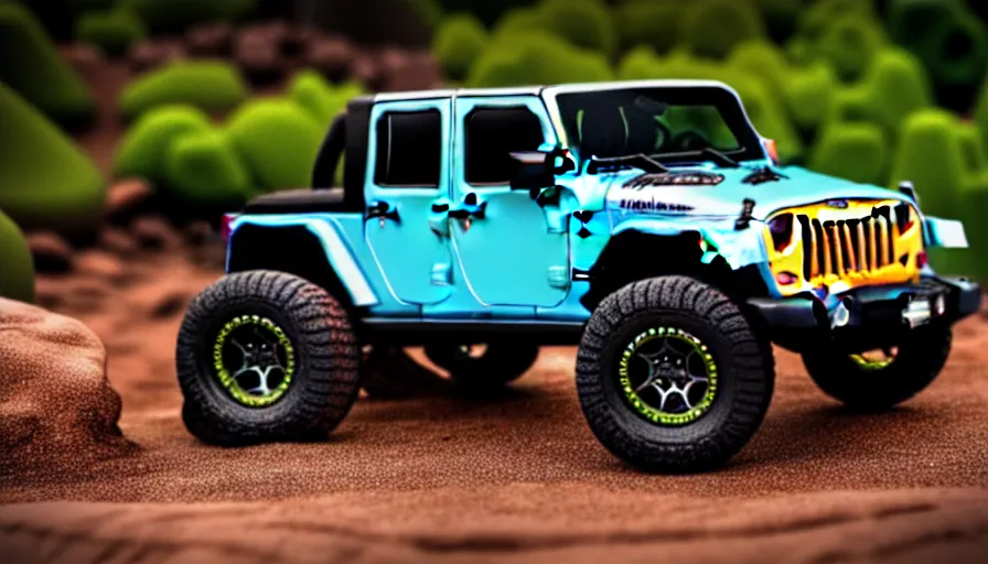 Image similar to Hot Wheels, Jeep Wrangler JKU, cinematic, Maxxis, 8k, depth of field, bokeh.