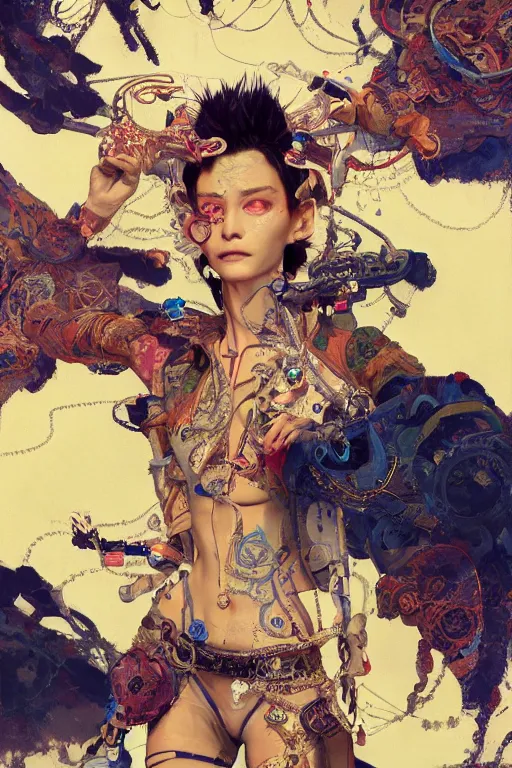 Prompt: an epic non - binary model, subject wearing a belt made out of computer mice, flowing, ornate, beautiful, intricate, muted tonal colors, with few ultramarine highlights, by jeremy mann and ilya kuvshinov, jamie hewlett and ayami kojima, trending on artstation, bold 2 d