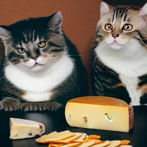 Prompt: chonky cats gathering sitting on a table floating close to ceiling, having wine and cheese, in aristocratic attire
