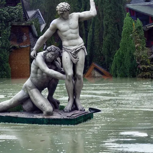 Prompt: roman statue with anime boyfriend on canoe in flooded vancouver ruins, foreshortening photography, ghibli style, cinematic