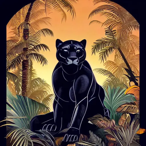 Image similar to artdeco illustration of one beautiful majestic black panther. beautiful. mysterious. intricately detailed. meticulously rendered. background is a jungle. epic skym hd. trending on art station. h 7 6 8