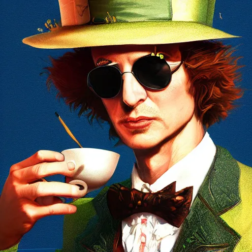 Prompt: the mad hatter, wearing shades, drinking tea, by Viktor Antonov,, greg rutkowski, fantasy, D&D, trending on artstation, smooth, sharp focus