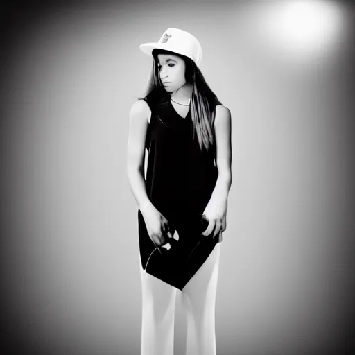 Image similar to black and white photograph of centered fashion model girl in wide !white! hat, hyperrealism style