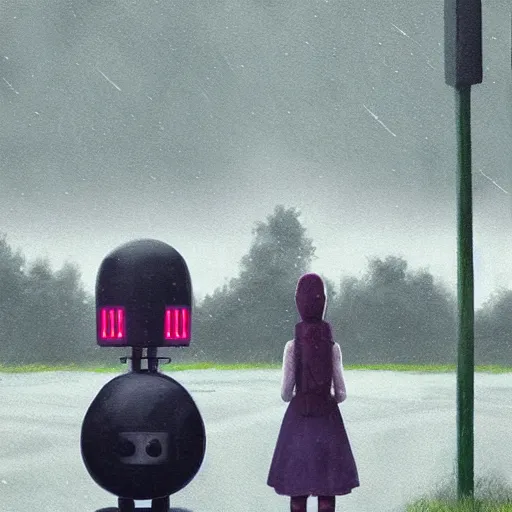 Image similar to a young girl and her tall humanoid robot going on a trip together, near a gas station, raining, detailed, cinematic, cinematic lighting, by Simon Stalenhag