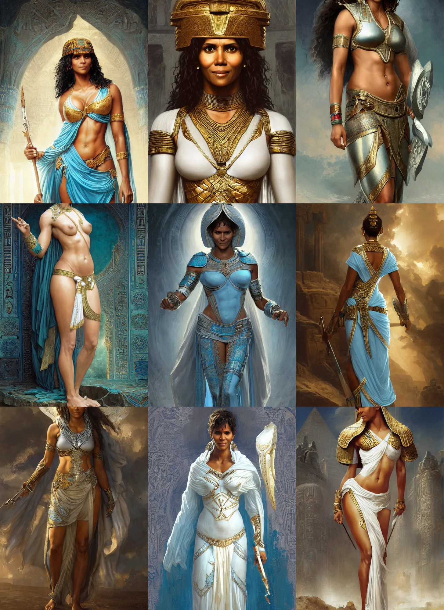 Prompt: halle berry ancient egyptian, white and cyan armor, intricate, elegant, highly detailed, digital painting, artstation, concept art, smooth, sharp focus, illustration, orientalism, edwin long, theodore ralli, aleksi briclot, rutkowski, bouguereau