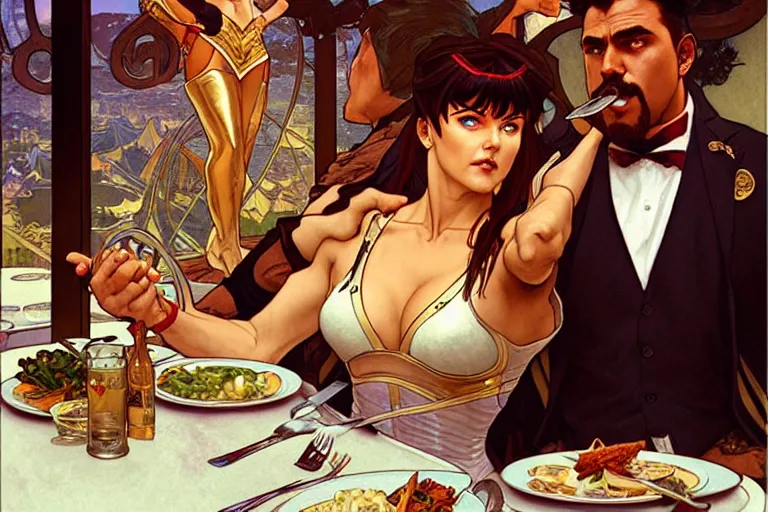 Image similar to xena warrior princess eating at a restaurant, with a hispanic man in a suit as her companion, art by artgerm and greg rutkowski and alphonse mucha