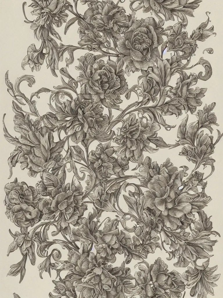 Prompt: beautiful decorative ornament with classical floral elements, decorative design, classical ornament, bilateral symmetry, roses, lilies, leaves, flowers and stems, buds, flowering buds, highly detailed etching, beautiful mature color palette