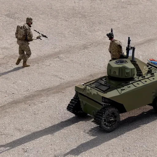 Image similar to unmanned ground vehicle, military, carrying weapons