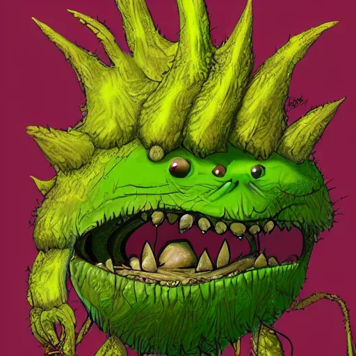 Image similar to Plant thistle monster with wicked smile and amber teeth, green body, digital art style, trending on art station