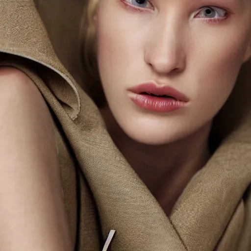 Image similar to close up of face of female fashion model, sitting on chair, beige colors, official jil sander editorial, highly detailed